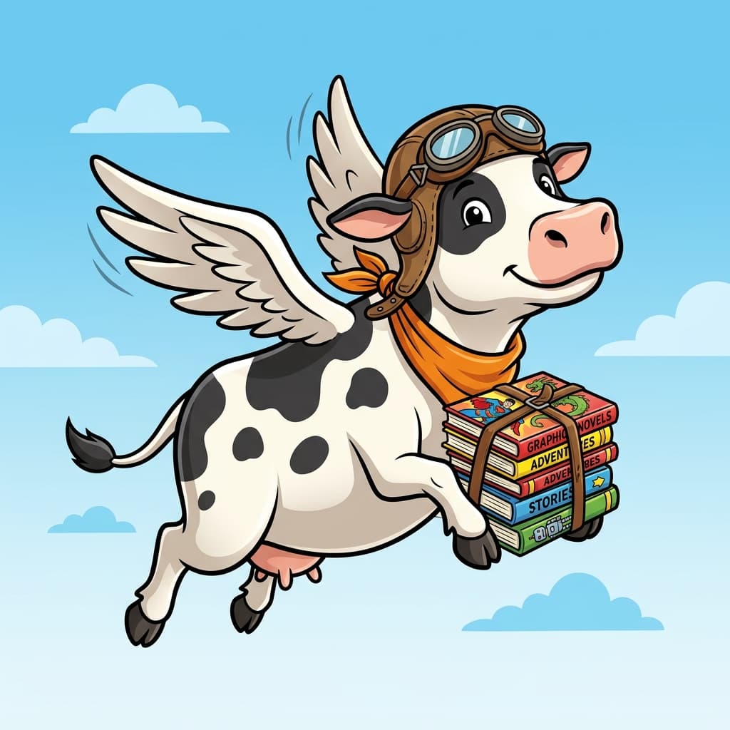 The Flying Cow mascot — aviator goggles, carrying books, flying upward